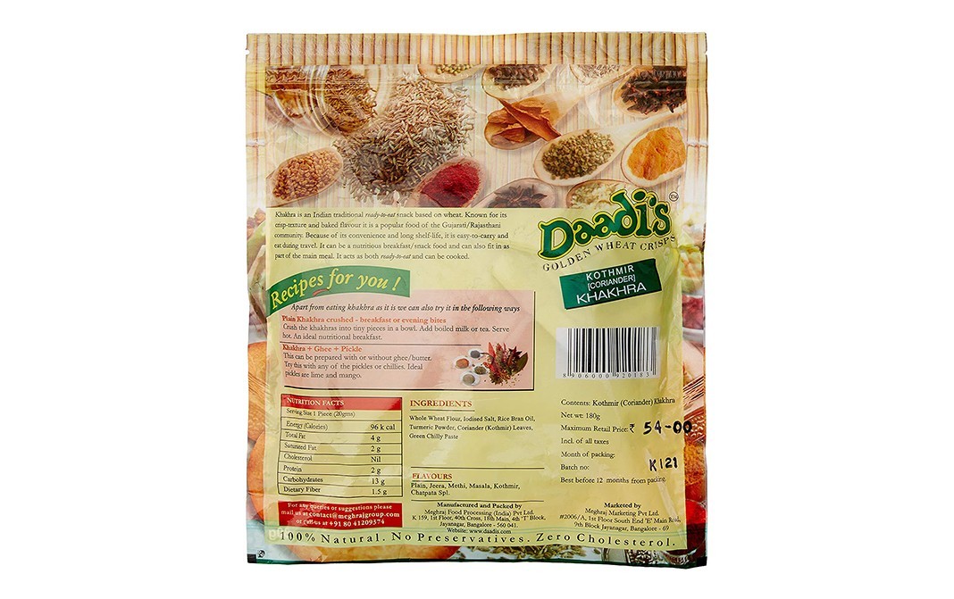 Daadi's Golden Wheat Crisps Chilly Kothmir Khakhra   Pack  180 grams